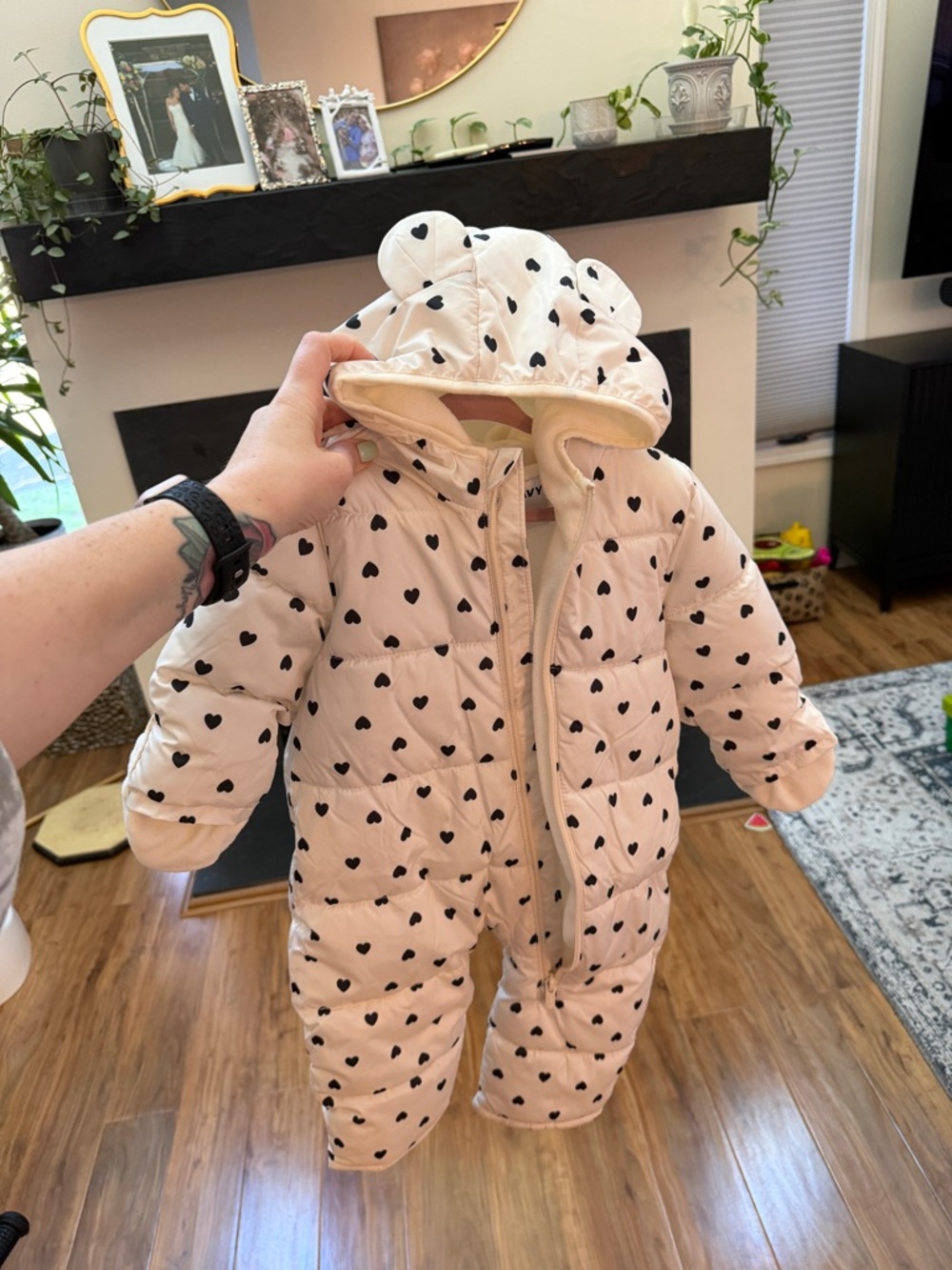Old Navy Pink Heart-Print Puffer One-Piece with Hood